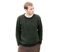Merino Wool Aran Crew Neck Sweater, Green, Green, XL