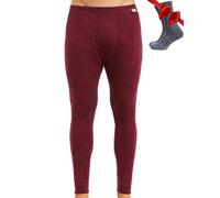 Merino Wool Base Layer Men Leggings Pants 100% Merino Wool Thermal Underwear Long Johns Light, Mid, Heavyweight + Hiking Socks (Small, 165 Burgundy)