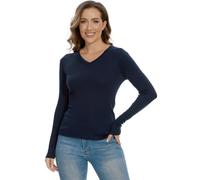 Merino Wool Base Layer Women 100% Merino Wool Long Sleeve Thermal Shirts for Women for Skiing Hiking Womens V Neck Top, Navy V 165, M