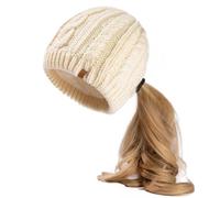 Merino Wool Blend Messy Bun High Ponytail Hole Knit Beanie Hat for Big Large Head Women Warm Winter Cap Fleece Lined Cozy Skull Girls Beige