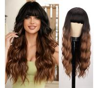 MERISIHAIR Brown Wig with Long Wavy Bangs Black to Brown for Women Synthetic Ombre Brown Wavy Party Daily Cosplay Travel