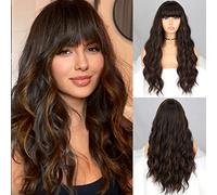 MERISIHAIR Long Dark Brown Wig with Long Bangs Wavy for Women Brown Natural Looking Heat Resistant Synthetic Hair Wig