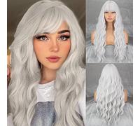MERISIHAIR Long Hair Wigs Silver with White Hair for Women Synthetic Platinum White Wig with Wavy Bangs Cosplay for Girls Daily Halloween and Cosplay