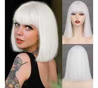 MERISIHAIR Short Bob White Wig with Bangs Silver White Short Wigs for Women Straight Bob White Cospaly Hair Wig for Daily Party Halloween