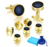 Merit Ocean Mens Cufflinks and Shirt Studs Set Onyx Black Silver Cuff Link Tuxedo Shirts Business Wedding Gifts (Blue Gold)