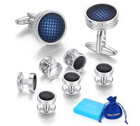 Merit Ocean Mens Cufflinks and Shirt Studs Set Onyx Black Silver Cuff Link Tuxedo Shirts Business Wedding Gifts (Blue Silver)