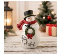 MeritMode 4.25 Inch Christmas Snowman Resin Figurine with Wreath | Hand Painted Winter Statue with “Jolly & Joyful” , Festive Christmas Tabletop Decoration for Shelf Mantel Home Decor
