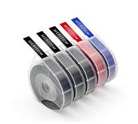 Meritom 5X Comaptible for Dymo Embossing Label 9mm Omega Junior Tape S0717930 S0717900, 3D Plastic Adhesive Tape for Dymo Junior Omega Home Embosser E101 E202 E303, White on Black/Blue/Red