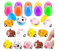 Meriviva 12 Pcs Prefilled Easter Eggs with Mini Animal Pullback Cars, Colorful Plastic Easter Eggs with Cartoon Animal Vehicles for Basket Stuffer Filler Party Favors (A)