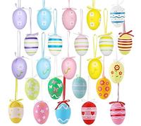 Meriviva 24 Pcs Hanging Easter Egg Decorations, Colorful Plastic Hand Painted Easter Eggs Hanging Ornaments with Ribbons for Tree Home Party Decor