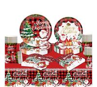 Meriviva 97 Pcs Christmas Party Tableware, Christmas Paper Plates Set with Paper Plates and Napkins Cups Tablecloth Party Table Decorations (Style 2)