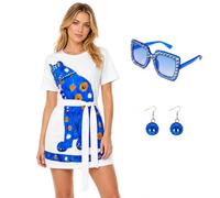 Meriviva Abba Costumes Women, 70s Disco Outfit Set with Glasses Earrings, Retro Blue Printed White Long T-Shirt Dress with Belt, 70s Fancy Dress Women for Rock Disco Party Cosplay