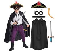 Meriviva Cat Bandit Costume with Tricorn Hat Black Cape Eye Mask Tail Fake Sword Belt, Rat Costume Fancy Dress for World Book Day Cosplay