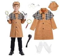 Meriviva Detective Costume Kids, Victorian Detective Costume Boys with Coat Hat Glasses Magnifying Glass Gloves, World Book Day Costumes for Boys Girls (S)