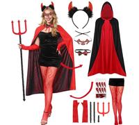 Meriviva Devil Costume Women, 22 In 1 Pack Adult Women's Halloween Costume Set with Red Devil Accessories womens Devils Cape Outfit for Fancy Dress Halloween Carnival