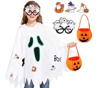 Meriviva Halloween Ghost Costumes Kids, Ghost Outfit Set with Pumpkin Bag Ghost Badges Glasses, Glow in the Dark Ghost Hooded Cape Poncho Costume for 3-6 Girls Boys (M)