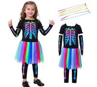 Meriviva Halloween Girls Skeleton Costume, Colorful Neon Skeleton Costume Set with False Braids Halloween Costumes Girls for Fancy Dress, Carnival (S)