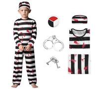 Meriviva Halloween Zombie Convict Costume Kids, Zombie Striped Prisoner Costume for Boys with Handcuffs Face Paint Halloween Prisoner Outfit Kids for Carnival, Masquerade, Cosplay (150)