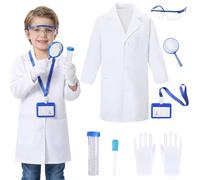 Meriviva Kids Scientist Costume Set, White Lab Coat with Glasses ID Card Magnifying Glass Gloves Dropper Petri Dish, Science Costume for Kids Boys Girls World Book Day Scientist Cosplay (130)