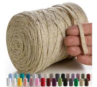 MeriWoolArt Macrame Textile Yarn for Crochet and Knitting - DIY Glitter Flat T-Shirt Band Yarn Thickness 10 mm, 125 m - Recycled Cotton Yarn with Lurex, Viscose (Lurex Beige)