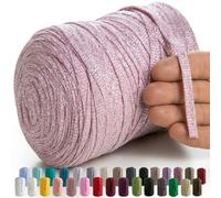 MeriWoolArt® Macrame Textile Yarn for Crochet and Knitting - DIY Glitter Flat T-Shirt Band Yarn Thickness 10 mm, 125 m - Recycled Cotton Yarn with Lurex, Viscose (Lurex Pink)