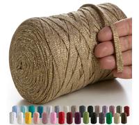 MeriWoolArt® Macrame Textile Yarn for Crochet and Knitting - DIY Glitter Flat T-Shirt Band Yarn Thickness 10 mm, 125 m - Recycled Cotton Yarn with Lurex, Viscose (Lurex Camel)