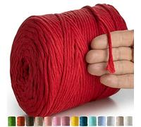 'MeriWoolArt® Natural Macrame Yarn, 4 mm, Colourful, 225 m, Super Soft Cotton Yarn, Single Twisted Macrame Cord for Macrame Wall Hanging, Hanging Basket, Curtain and More DIY (Red)