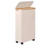 Merkisa Slim Laundry Basket with Wheels,Narrow Hampers for Laundry,Freestanding Laundry Hamper with Lid&Bamboo Handles,Collapsible & Waterproof Tall Cloth Hamper for Dorm Family(60L Beige)