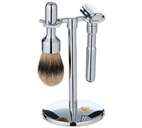 Merkur - 3 Piece Shiny Shaving Kit, Including Futuri Razor, Pure Grey Badger Brush and Stand