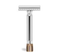 MERKUR Adjustable Safety Razor 500C - Antique, Shiny Chrome/Brass, Two-Piece Premium Razor with Straight Cut, Ideal for Wet Shaving, Die-Cast Zinc, Brass Handle, Made in Germany