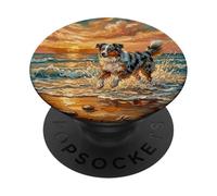 Merle Australian Shepherd Dog on a Sunset Beach Artwork PopSockets Adhesive PopGrip