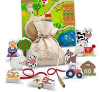 Merle Toys® Toddler Threading Toys for 2 Year Old Girls and Boys, 100% Sustainable Beechwood, Toy Farm Play Sets, Lacing Beads, 12 Cute Farm Animals for 2 year olds, Bead Threading for Toddlers