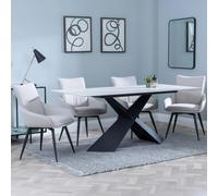Merlin Dining Set - 6 Seater - 180cm - White Ceramic - Ace Swivel Dining Chairs - Beige Fabric
