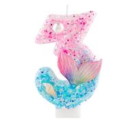 Mermaid 3 Birthday Candle, Pink Blue Glitter Cake Topper Candle with Purple Mermaid Tail & Shell, Under the Sea Theme Birthday Decor for Girls, 3th Birthday Party, Baby Shower, Anniversary