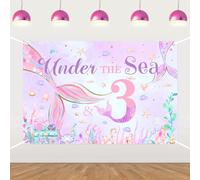 Mermaid 3rd Birthday Decorations Under the Sea Backdrop Our Little Mermaid Is Turning 3 Pink Purple Underwater Starfish Seashell Pearl Photography Background for Princess Birthday Party Supplies 5*3ft