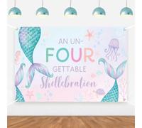 Mermaid 4th Birthday Decorations Backdrop Unfourgetable Shellebration Under The Sea Photo Background Sea Creature 4th Bday Banner for Girls Ocean Themed Little Mermaid Birthday Party Supplies 5 * 3ft