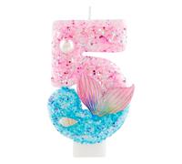 Mermaid 5 Birthday Candle, Pink Blue Glitter Cake Topper Candle with Purple Mermaid Tail & Shell, Under the Sea Theme Birthday Decor for Girls, 5th Birthday Party, Baby Shower, Anniversary