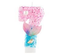 Mermaid 7 Birthday Candle, Pink Blue Glitter Cake Topper Candle with Purple Mermaid Tail & Shell, Under the Sea Theme Birthday Decor for Girls, 7th Birthday Party, Baby Shower, Anniversary