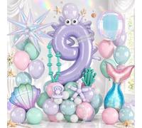 Mermaid 9th Birthday Decor Girls, Pink Purple Blue 40 In Number 9 Balloon | Pastel Pink Purple Blue Green Balloon Mermaid Iridescent Foil Balloon Long Balloon for 9th Birthday Under The Sea Party Decor