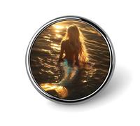 Mermaid and Sunset Round Brooch Pins Lapel Tie Badge Metal Memorial Button Pin Kit for Hat Shirt Clothing Bags Decor