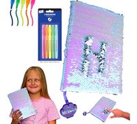 Mermaid Ariel A5 Flip Sequin Diary with 5 Neon Chisel Tip Highlighters - Sparkling Pink & Silver Magic Notebook for Girls, Perfect Stationery Gift for Writing, Drawing, School & Study