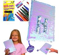Mermaid Ariel Reversible Sequin Diary A5 with 8 Colour Swap Fibre Pens - Magic Flip Sequin Journal & Pen Set for Girls, Pink & Silver Notebook with Bookmark, Art & Craft, School Gift