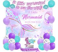 Mermaid Baby Shower Decorations for Girl, Mermaid Balloon Garland Kit with A Little Mermaid is On The Way Backdrop Banner for Baby Shower Birthday Party Supplies