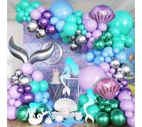 Mermaid Balloon Arch, Mermaid Tail Balloon Garland with Pastel Purple Blue Teal Turquoise Latex Balloons Under the Sea Shell Party Balloons for Girls Ocean Birthday Party Decorations