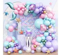 Mermaid Balloon Garland Arch Kit, Pastel Pink Purple Teal Blue Clear Latex Balloons with mermaid Tail Seashell Foil balloons, for Girls Mermaid Party Decorations Ocean Theme Birthday Party Supplies