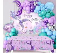 Mermaid Balloons Arch Kit, 113pcs Mermaid Birthday Party Decoration Set with Blue Teal Purple Balloons Sea-Maid Tail Balloon, Tablecloth, Banner for Girl Sea-Maid Frozen Birthday Under The Sea Balloon