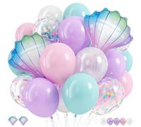 Mermaid Balloons, Pastel Pale Pink Light Purple Lilac Teal Pearl White Balloons with Seashell Foil Balloon Confetti Balloon for Girls Kid Sea Birthday Party Ocean Under The Sea Baby Shower Decorations