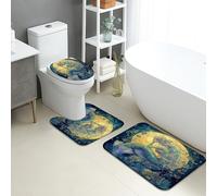 Mermaid Bathroom Mat Sets 3 Piece, Oceanic Blue Waves Floral Absorbent Non Slip Toilet Rugs U Shaped Washable, Summer Coastal Quick Dry Memory Foam Bathroom Rug Set