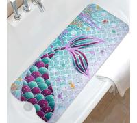 Mermaid Bathtub Mat Non Slip, Cute Baby Bath Mat for Tub Rubber Tub Mat, Kids Bath Mats for Bathroom Little Girls Anti Slip Shower Mat with Suction and Drain Holes Machine Washable, 40″X16″