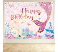 Mermaid Birthday Backdrop, 150x100cm/59x39in Polyester Underwater Tail Backdrop Dreamy Happy Birthday Decorations for Girls Baby Shower Princess Theme Banner Wall Banner Under The Sea Party Decor